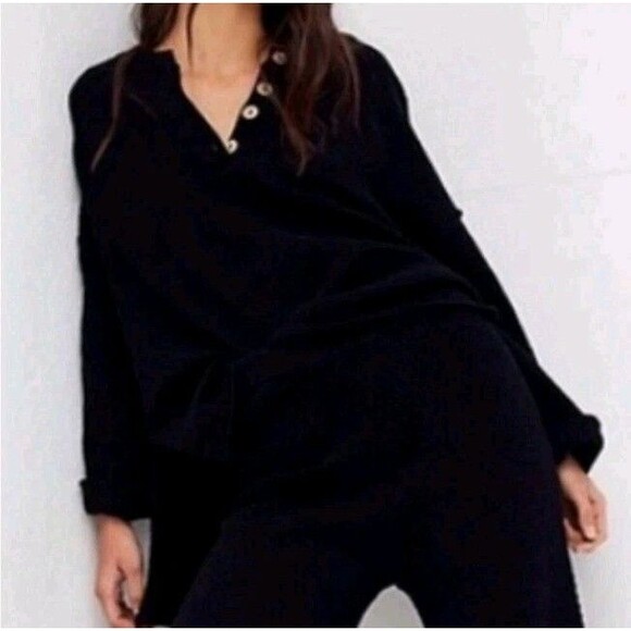 FREE PEOPLE Beach Hailee Sweater Womens S Black Henley Waffle Knit Oversized - Picture 1 of 9